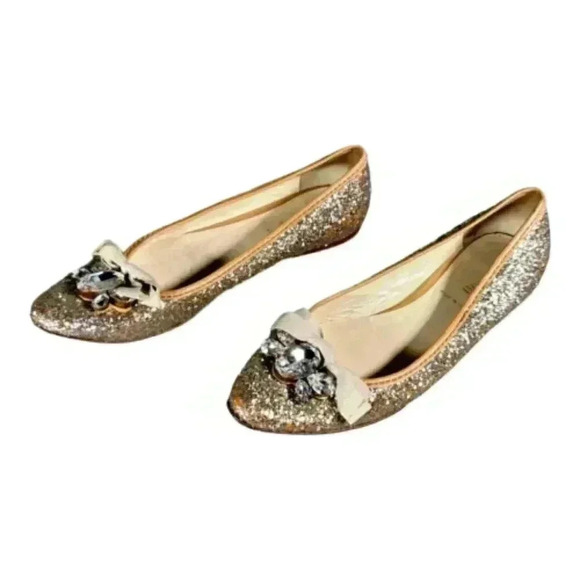 MIU MIU Prada Flats Shoes Silver Gold 6 Rhinestone Glitter Bow Pointed Toe 36 - Picture 4 of 9